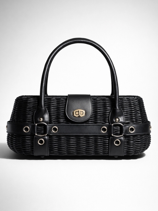 Bulaggi Handbags - Vtg. Bulaggi Black Wicker Baguette Handbag Satchel Y2K Grommet Hardwear